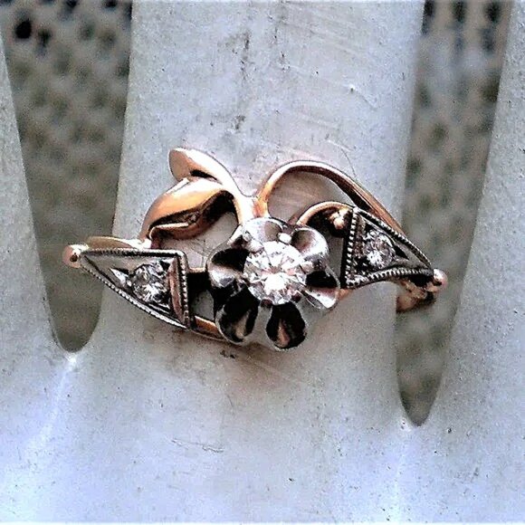 Ukrainian solid 14K 585 Two Tone Rose Pink White Gold Diamond Buttercup Ring